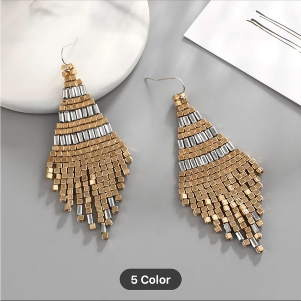 Metallic Gold SilverTassel Drop Earrings, Elegant Women’s Jewelry Accessories - Picture 3 of 4